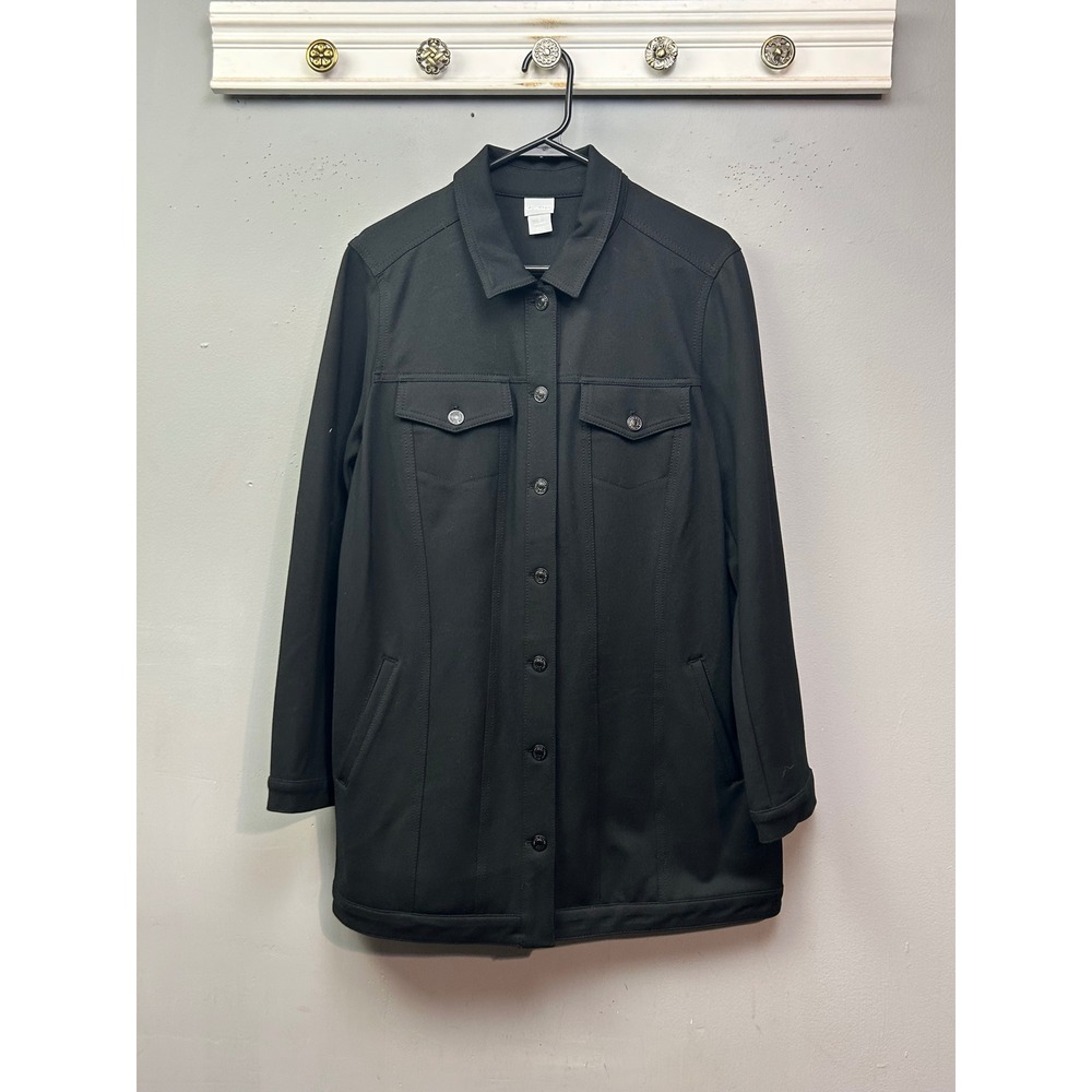 Chico's Jacket Women 2 US 12 Black Ponte Knit Button Front Utility Longline